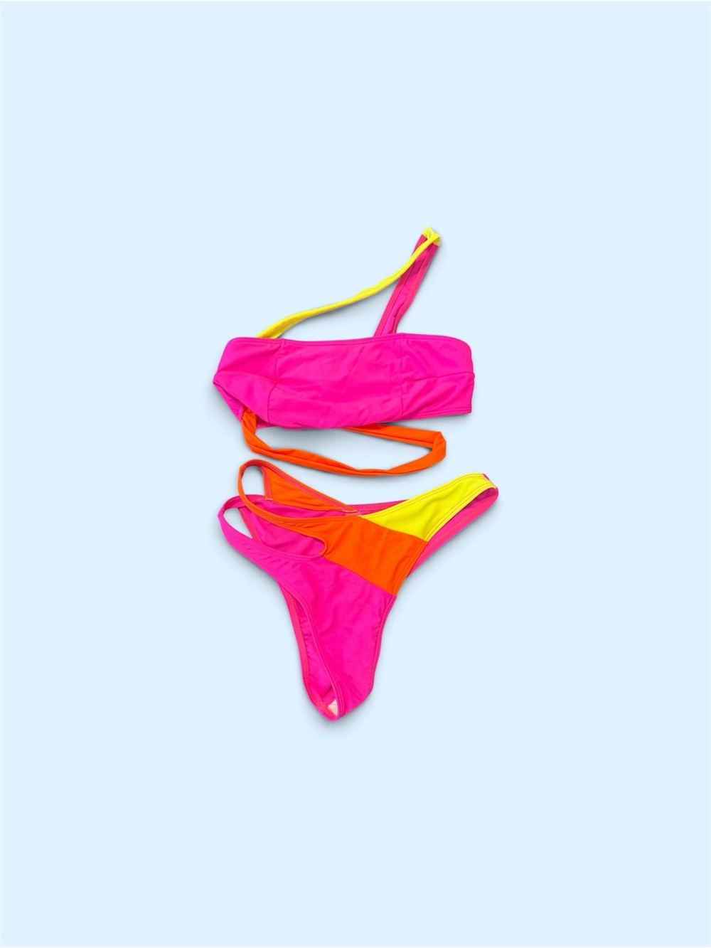SHEIN Neon Colorblock One Shoulder Bikini Pink Orange Yellow Size M - Picture 4 of 4